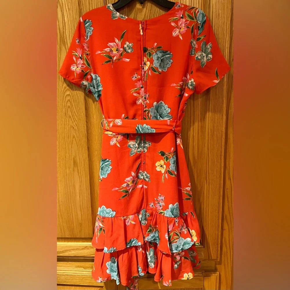 Nordstrom Love, Nickie Lew Orange Floral Faux Wrap Ruffle Mini‎ Dress Size 3